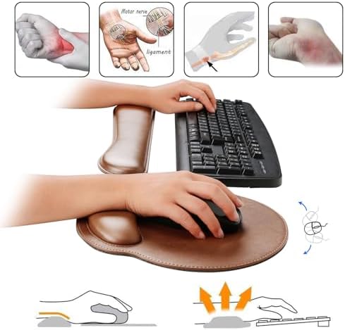RICHEN Ergonomic PU Leather Keyboard Wrist Rest and Mouse Pad with Wrist Support, Memory Foam Set for Computer/Laptop,Gaming and Office, Comfortable for Easy Typing & Pain Relief (PU Brown)
