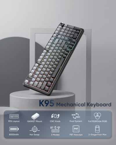 RedThunder K95 S Wireless Mechanical Gaming Keyboard, Hot Swappable Creamy Keyboard with Knob, RGB Backlit, Pre-lubed Linear Switches, Side Engraved PBT Keycaps, Wireless/Wired/BT5.0, Gradient Gray