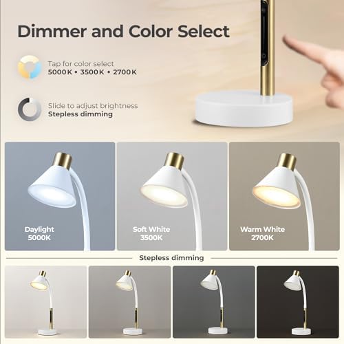 Globe Electric 15" LED Integrated Matte White Desk Lamp with Matte Brass Accent and Adjustable Silicone Gooseneck