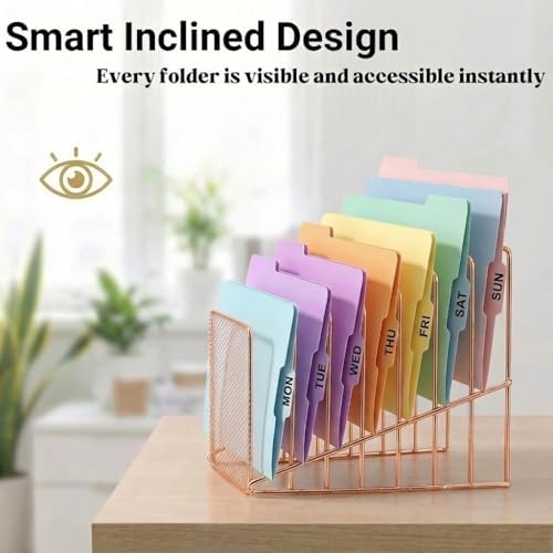 2 Pcs Incline File Sorter, 7 Slot Magazine Holder for Letter, Document, Folder and Book, Metal Desktop Organizer Rack for Home, School and Office (2-rose gold)