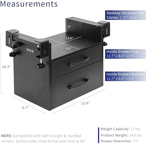 VIVO Black Corner Clamp-on Drawer and Shelf System, DESK-DR3C