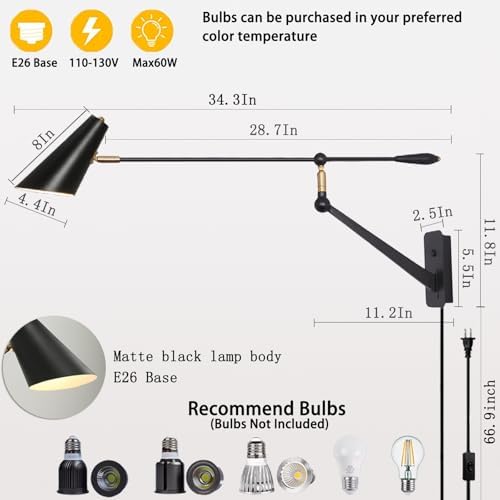Adjustable Directional Plug in wall Light Swing arm, Unique Long Pole wall Lamps for Living Room Sofa Background Wall, Movable Retro Style Dining Table Large wall Mount lamp, E26 Base
