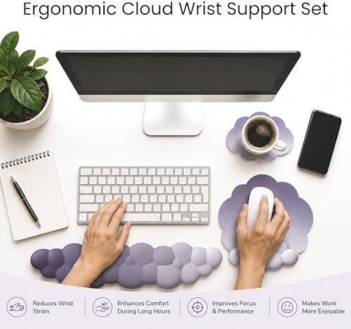 THONIV - Cloud Wrist Rest for Keyboard and Mouse, Soft Memory Foam Support with Non-Slip Base, Cute Cloud Design for Typing, Gaming, Office, Bonus Coaster Included for Desk Aesthetic (Purple Gradient)