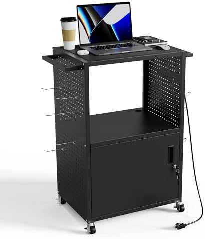 AV Presentation Media Cart Stand Up Desk with Storage Cabinet for Printer, Projector, Computers, TV, Rolling Storage Cart with Adjustable Shelves, Outlet and Cord for School Office Shop