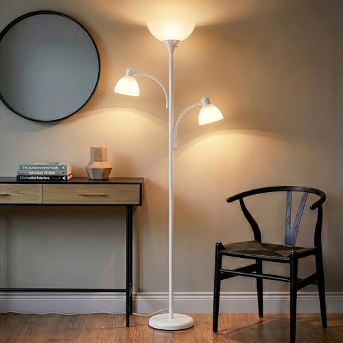 Brightech Sky Dome Double – High Brightness Torchiere Floor Lamp with 2 Reading Lights for Living Rooms, Bedrooms – Replace Halogen Standing Lamps with Efficient LED Office Lighting - Tall White Pole