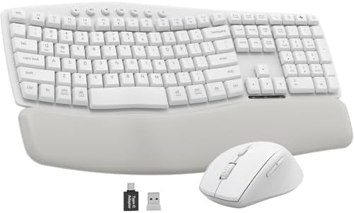 White Wireless Keyboard and Mouse Combo for MacBook & Windows, 30dB Quiet Ergonomic Keyboard Set with Wave Keys & Soft Palm Rest, Silent Typing, Dual-System Switch, Ideal for Home Office—Sablute