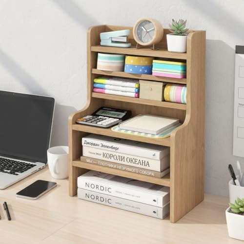 Tangkula 6-Tier Desktop File Organizer, Wooden Mail Letter Tray Organizer with 2 Removable Shelves for Papers, Folders & Office Supplies, Space-Saving Desktop File Holder for Small Spaces Home Office