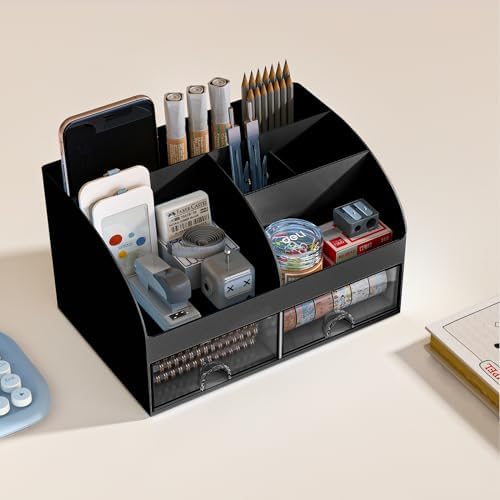 COMFYROOM Desk Organizer with 6 Compartments and 2 Drawers, Plastic Makeup Organizer, Pen Holder for Desktop Storage, Desk Organization for School, Home, Office Supplies Black-2Pack