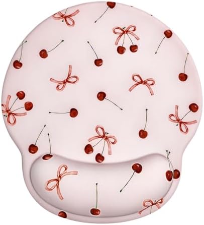 Seorsok Retro Ribbon Bow Cherry Mouse Pad with Gel Wrist Support Mouse Pad,Ergonomic Aesthetic,Comfort Mousepad for Office Work Computer,Pain Relief Mousepad with Non-Slip Silicone Base,Pink