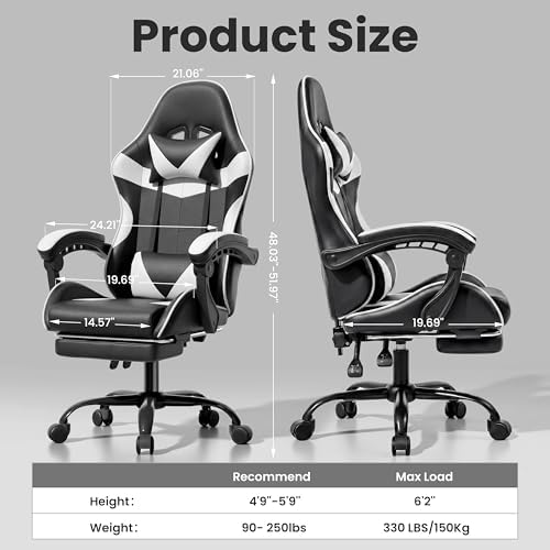 Gaming Chair, Ergonomic Footrest, Lumbar & Headrest(Black White)