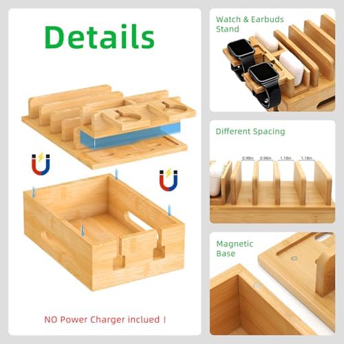 Bamboo Charging Station for Multiple Devices, Desktop Organizer Docking Station, Natural Bamboo Desk Storage Stand for Phone, Tablet, Earbuds, Smart Watch (Power Adapter Not Included)