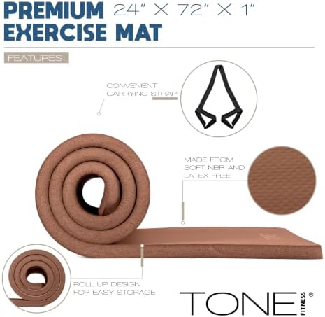 Tone Fitness 1" Extra Thick Yoga Mat, Exercise & Pilates Mat with Strap