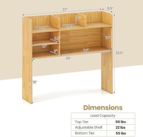 Tangkula Desktop Bookshelf for Computer Up to 32”, 37” Countertop Storage Hutch with 6 Storage Shelves, 3-Tier Desktop Organizer Display Rack, Wooden Desk Hutch for Dorm Home Office (Burlywood)