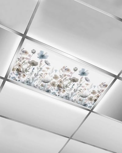 Fall Flower Magnetic Fluorescent Light Covers for Ceiling Lights 2 x 4 Feet, Watercolor Floral Herb Blue Brown Office Classroom Kitchen Drop Ceiling Light Covers Lighting Filters Shade Panel 1 Pack
