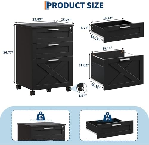 Garvee 3-Drawer Mobile File Cabinet with Lock, Under Desk Storage Drawers