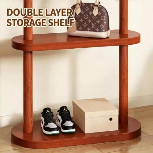 Wood Coat Rack Floor Lamp, Standing Lamp with Double Storage Shelves