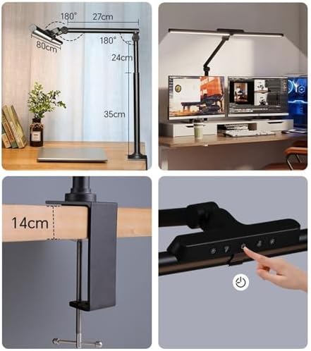 Eye-care Study Lamp, LED Desk Lamp with Clamp, Double Head Eye Protection Desk Lamp with Auto Shut-Off Timer, 5 Color Modes & Stepless Dimming, for Reading Study Workbench ,LED Table Lamp(Black)