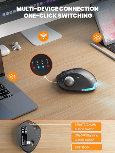 Ergonomic Wireless Trackball Mouse, Rechargeable Adjustable 0°/18° Angle