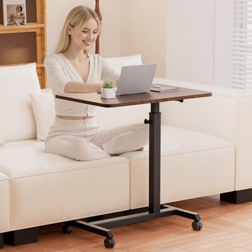 GTPLAYER Small Standing Desk, 24 Inches Foldable Mobile Rolling Laptop PC Table with Lockable Casters, Adjustable Height Overbed Bedside Table Computer Workstation for Home Office, Walnut-Foldable