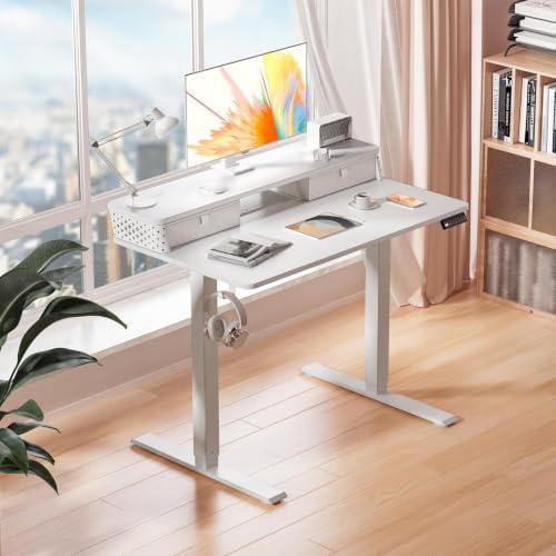 Kingant 40x24 Inch Electric Standing Desk with Dual Drawers, White
