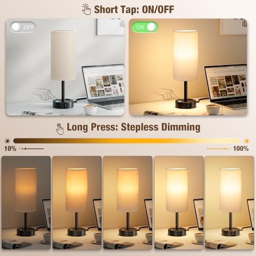 Beige Touch Bedside Lamp for Bedroom, Stepless Dimmable, USB A+C, AC Outlet