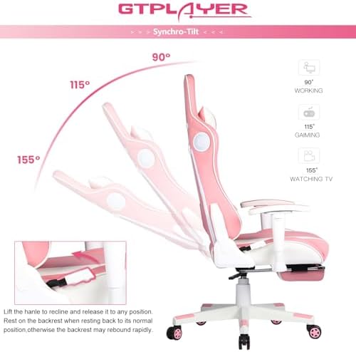 GTPLAYER Gaming Chair with Footrest Speakers Video Game Chair Bluetooth Music Heavy Duty Ergonomic Computer Office Desk Chair (Pink)