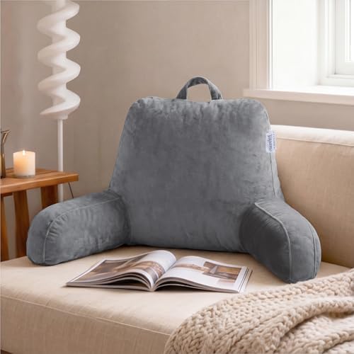 Reading Pillow for Bed Sitting Up, Adults and Teens Backrest with Arms, Velvet Back Support Pillow for Sitting on Sofa, Couch with Washable Cover- Standard, Grey