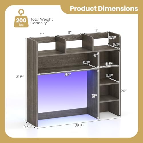 Tangkula Desktop Bookshelf with LED Lights, Desk Hutch with 8 Shelves for Max 25" Monitor, Desktop 5-Tier Display Rack, Multipurpose Wood Desktop Storage Hutch Organizer for Dorm Office Home (Grey)