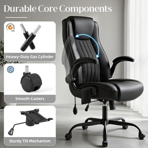 Office Chair, Ergonomic Executive Desk Chair Inflatable Lumbar Support High Back Computer Desk Chair Thick Cushion, Flip-Up Arms and Ergonomic Back Comfy Executive Office Chair for Home Office Gaming