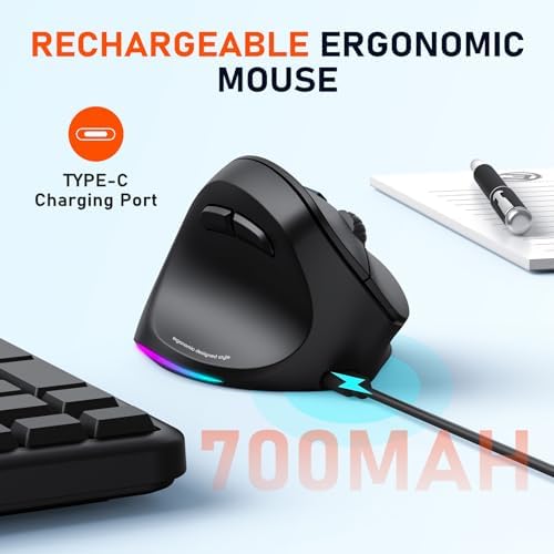 MEETION Left-Handed Wireless Ergonomic Vertical Mouse, Rechargeable - Black