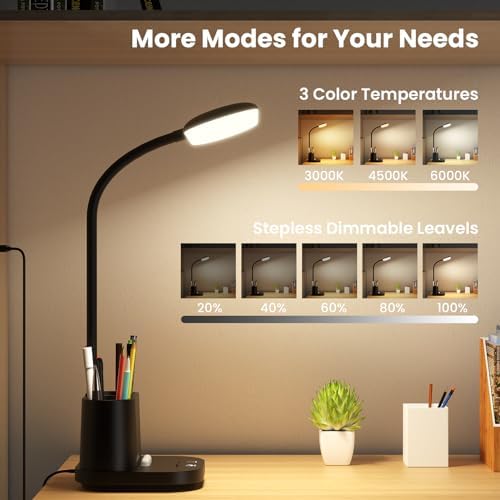 DEEPLITE LED Desk Lamp with USB Adapter Charging, Eye-Caring Study Lamp for Home Office, 3 Color Dimming Brightness Touch Control, Pen/Phone Holder, Flexible Gooseneck Reading Lamp