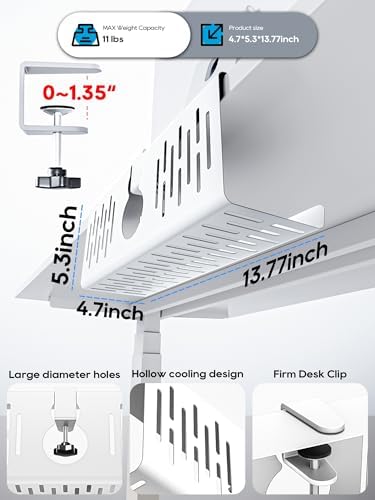 NODOCA No Drill Under Desk Cable Management Tray, 14'' Wire Management, Punch-Free Clamp on, Metal Cable Tray, Wire Organizer, Under Desk Basket for Office and Home, White