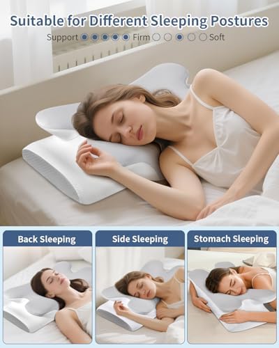 Besyodo Cervical Neck Pillow for Pain Relief - Ergonomic Pillow for Neck Support, Contour Memory Foam Pillows for Sleeping, Orthopedic Bed Pillow for Side Back Stomach Sleepers (Gray+White)