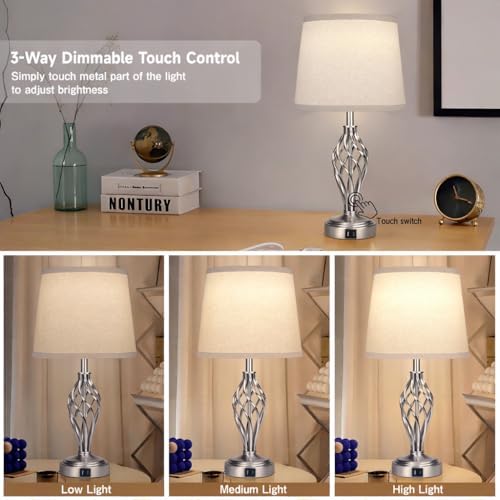 Ruiever Touch Table Lamps Set of 2, nightstand lamp with USB Ports Bedside 3 Way Touch dimmer Desk lamp for Living Room Bedroom,Nickel Plated Spiral cage Base Design Warm White dimmer Bulbs Included.