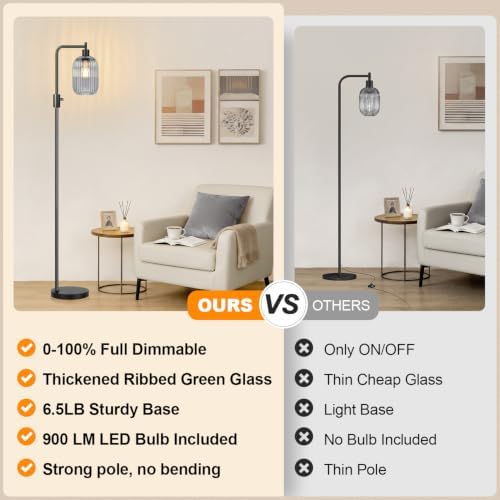 【Upgraded】 Dimmable Floor Lamp for Living Room with Gray Ribbed Glass Lampshade, Black Modern Floor Lamp with 900LM LED Bulb Included, Arc Standing Tall Lamp for Bedroom, Office, Reading Room, Corner