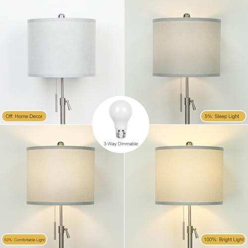 Qingmiao Brushed Nickel Floor Lamp for Living Room, Adjustable Height Standing Lamp, Tall Pole Light with Grey Shade for Bedroom, 8W 4000K 3-Way LED Bulb Included (Brushed Nickel, Grey Shade)