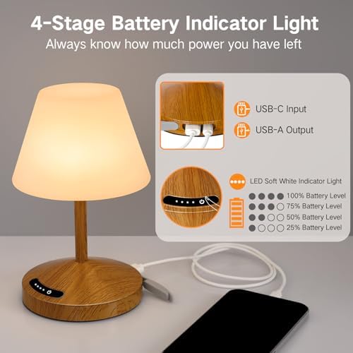 OUTON Rechargeable LED Shower & Table Lamp, Waterproof, USB Output, Stepless Dimming, 3 Colors, Power Indicator, Memory Function, Battery Operated Light for Home, Bathroom, Patio & Outdoor (Wood)