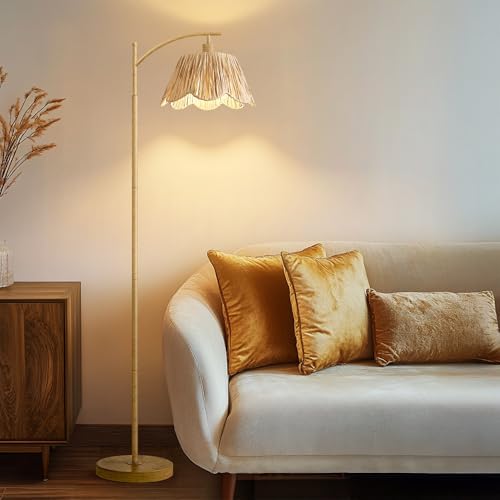 Oneach Boho Floor Lamp for Living Room, Farmhouse Standing Lamp with Foot Switch, Corner Reading Lamps for Bedroom with Hand-Woven Shade, Light Woodgrain Metal Base & Pole