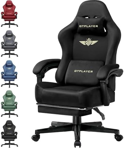 GTPLAYER Gaming Chair Fabric with Pocket Spring Cushion, Big and Tall Gamings Chairs 350LBS High Back Computer Chair with Footrest for Adults Lumbar Support Swivel Game Chair for Office Light Black