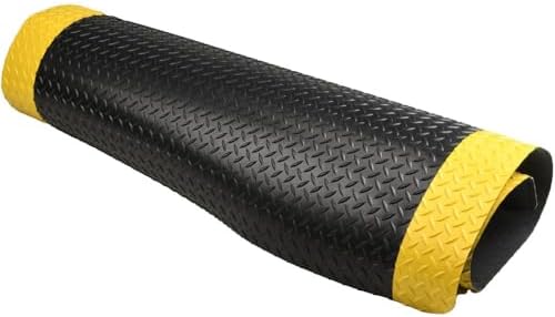 Anti-Fatigue Mat: 5' Long, 4' Wide, 1 Thick, Vinyl, Beveled Edges, Heavy-Duty - Diamond Plate Surface, Black & Yellow, for Dry Areas