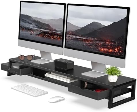 Fenge Dual Monitor Stand Riser, 42.5in Desk Shelf with 2 Drawers, Black