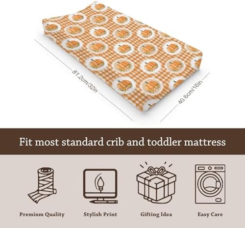Watercolor Fall Pumpkin Flowers Floral Checkered Autumn Pattern Baby Changing Pad Cover,Unisex Pumpkin Nursery Diaper Changing Table Pad Mat Sheet for Boys Girls-16x32