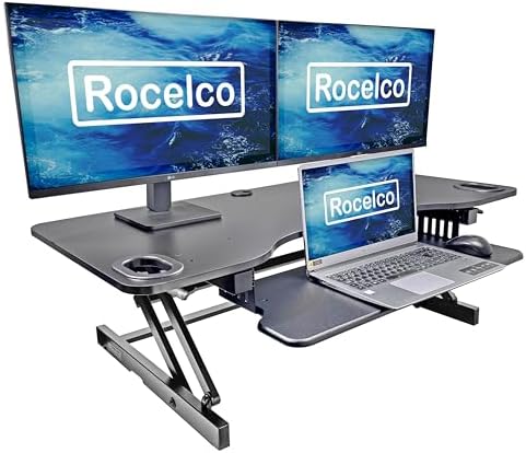 Rocelco 45" Height Adjustable Standing Desk Converter - Slide Out Retractable Keyboard Tray - Sit Stand Up Triple Monitor Riser - Dual Piston Lift Tabletop Computer Workstation - Black (R ADRB-45)