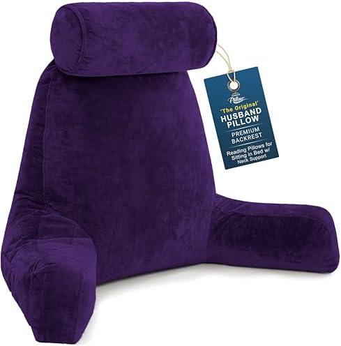 Husband Pillow XXL The Original for Adults - 30" Tall Backrest for Sitting Up in Bed - Firm Support Reading & Bed Rest Pillows for Adults, Neck Roll, Removable Cover - TV - Purple