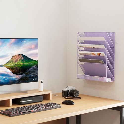 EasyPAG 5 Tier Wall File Holder, Mesh Hanging Folder Organizer with Classify Label, Versatile Desk File Holder, Vertical Wall Mounted Mail Organizer for Office Home Cubicle, Purple