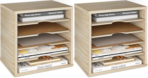 Ballucci 5-Tier File Organizer for Desk, Mail Sorter, Office Desk Organization, Paper Storage Organizers, Folder Holder for Desk, Letter Trays & Stacking Supports, Brushed Wood (Pack of 2)