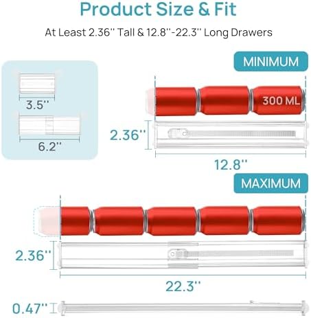 Vtopmart 2.36” Drawer Dividers with Expandable Inserts, 12.8"-22.3" Adjustable Kitchen Drawer Organizer, Clear Plastic Organizer Separator for Flatware, Utensil, Cutlery, 4 Dividers with 6 Inserts