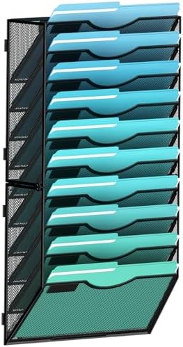 Gawerk 10-Tier Wall File Organizer Hanging Wall File Holder Wall Mount Paper Folder Organize, Mesh Magazine Document Mail Organizer Wall Organizer for Office School Home, Black