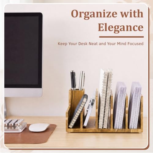 Novabright Acacia Wood Desk Organizer with Pen Holder, 6 Slot Mail Sorter