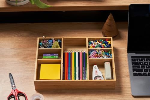 Umilife Bamboo Desk Drawer Organizer, Wood Junk Organizer Tray with Adjustable Dividers, Anti-Skip Storage Organization in Office Bathroom Drawer for Vanity, Makeup, 12" x 9"
